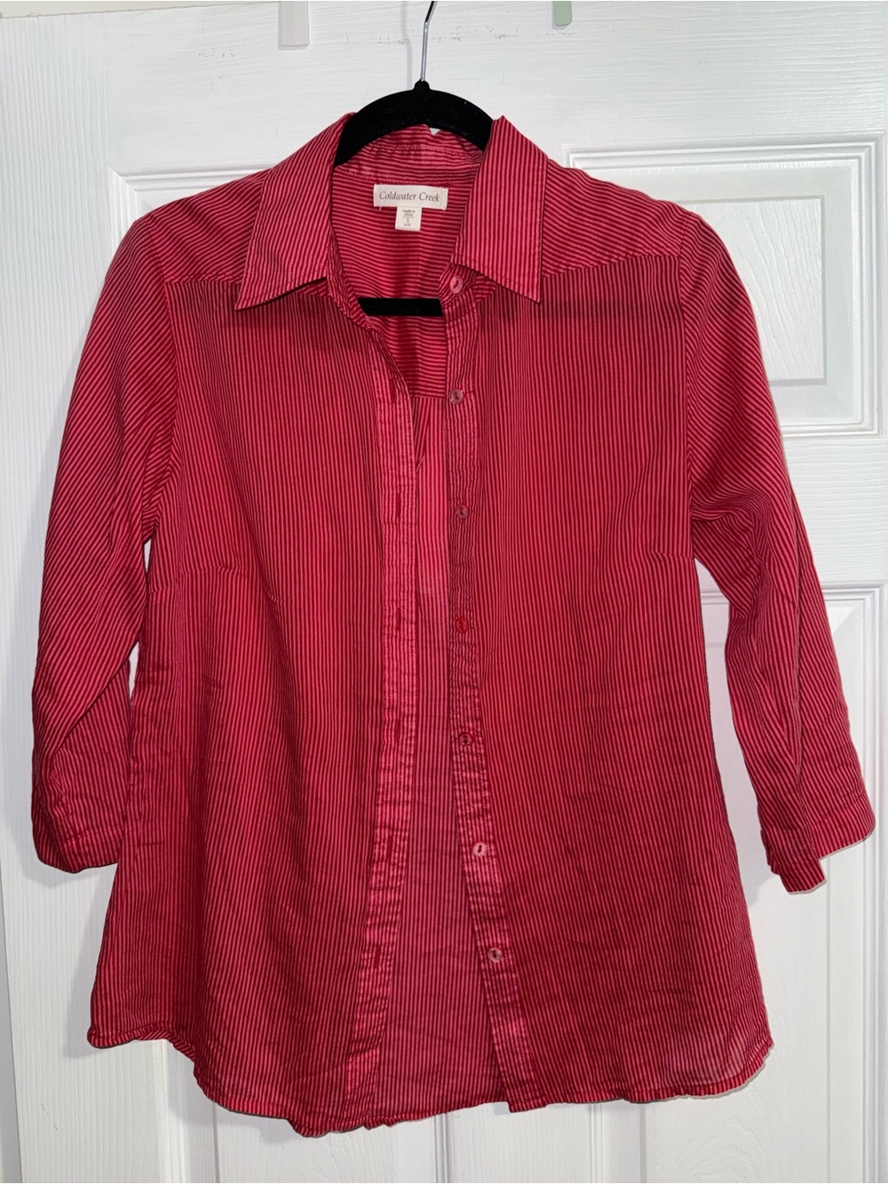 Coldwater Creek Silk & Cotton Small 6 Red Pink Pinstripe Blouse Button Shirt